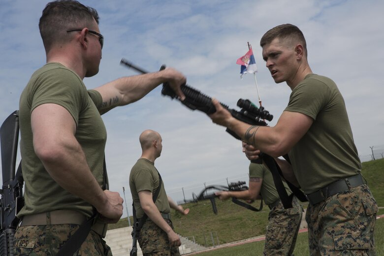 Marines with 4th Law Enforcement Battalion, Force Headquarters Group, Marine Forces Reserve, practice the counter to an overhand grab during exercise Platinum Wolf 2016 at Peacekeeping Training Operations Center South Base in Bujanovac, Serbia, May 10, 2016. The Marines join six other partner nations including Bosnia, Bulgaria, Macedonia, Montenegro, Slovenia and Serbia to conduct peacekeeping operations and non-lethal weapons training, and also take advantage of the extra time during the annual training to advance in the Marine Corps Martial Arts Program. (U.S. Marine Corps photo by Sgt. Sara Graham)