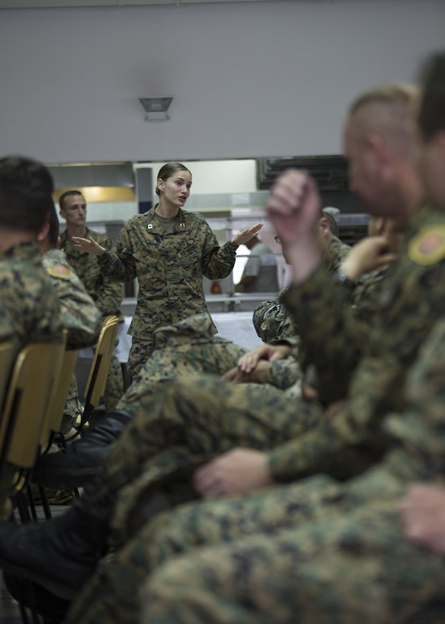Capt. Brittney Bennett, a judge advocate with 3rd Civil Affairs Group, Force Headquarters Group, Marine Forces Reserve, teaches a class on the law of armed conflict to Bosnian and Bulgarian soldiers during exercise Platinum Wolf 2016 at Peacekeeping Training Operations Center South Base in Bujanovac, Serbia, May 10, 2016.The exercise aims to provide training on peacekeeping operations and enhance interoperability between all of the participating nation including Bosnia, Bulgaria, Macedonia, Montenegro, Slovenia, Serbia and the United States. (U.S. Marine Corps photo by Sgt. Sara Graham