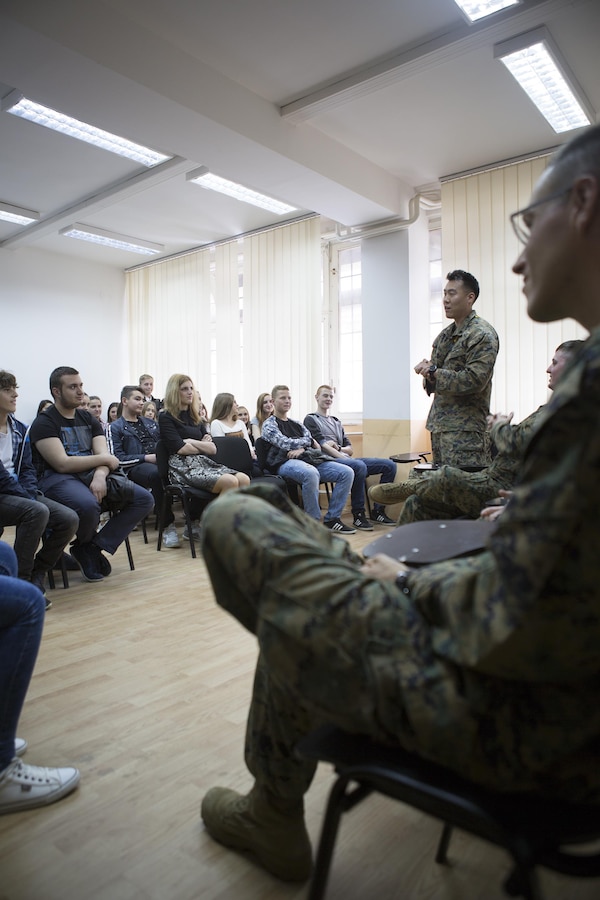 Reserve Marines with 3rd Civil Affairs Group, Force Headquarters Group, Marine Forces Reserve, participate in the program called American Corners, where they have the opportunity to teach local children about American culture and the Marine Corps during exercise Platinum Wolf 2016, in Bujanovac, Serbia, May 11, 2016. The Marines visited two American Corners sites in Bujanovac and Vranje during the exercise to visit and interact with the local youth. The program is sponsored by the U.S. embassy and a local host institution; it aims to reinforce intercultural exchange and friendship between the two nations. (U.S. Marine Corps photo by Sgt. Sara Graham)