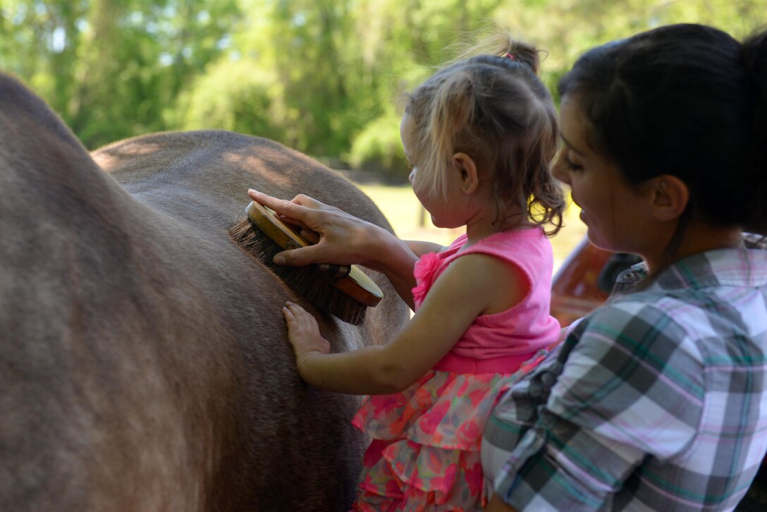 Staff Sgt. Katrina Rubisch, 4th Equipment Maintenance Squadron aircraft armament systems technician, shows her child how to groom a horse, March 24, 2016, in Goldsboro, North Carolina. Rubisch encourages her child’s passion for horses by letting her ride, help feed and groom the horses. (U.S. Air Force photo by Airman 1st Class Ashley Williamson/Released) 