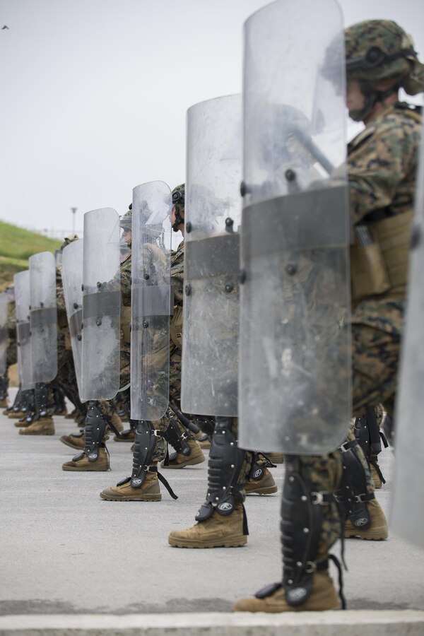 Reserve Marines with 4th Law Enforcement Battalion, Force Headquarters Group, Marine Forces Reserve, present their shields during while practicing a class on crowd control given by Slovenian and Serbian service members during exercise Platinum Wolf 2016 at Peacekeeping Training Operations Center South Base in Bujanovac, Serbia, May 12, 2016. Platinum Wolf brings together service members from Bosnia, Bulgaria, Macedonia, Montenegro, Serbia, Slovenia, and the United States, it aims to build interoperability between the partnering nations and promote regional stability. (U.S. Marine Corps photo by Sgt. Sara Graham)