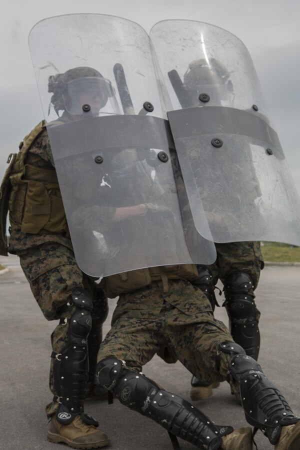 Reserve Marines with 4th Law Enforcement Battalion, Force Headquarters Group, Marine Forces Reserve, practice pulling a casualty to safety while training in a class on crowd control during exercise Platinum Wolf 2016 at Peacekeeping Training Operations Center South Base in Bujanovac, Serbia, May 12, 2016. Platinum Wolf brings together service members from Bosnia, Bulgaria, Macedonia, Montenegro, Serbia, Slovenia, and the United States to train in peacekeeping operations and non-lethal weapons capabilities. (U.S. Marine Corps photo by Sgt. Sara Graham)