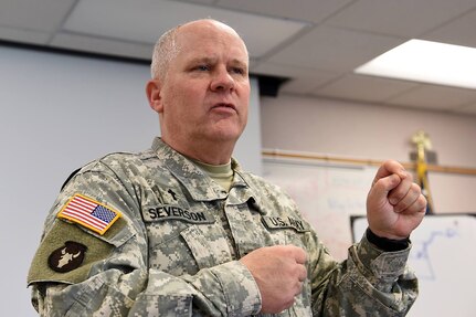 Col. Joel Severson, Command Chaplain, conducted a suicide prevention and awareness brief to the 85th Support Command soldiers during their April battle assembly. Suicide is a top priority in the Army to combat. According to a Pentagon data release (via Military Times) the suicide rates for reservists and National Guard members rose 23 percent last year.
(Photo by Sgt. Aaron Berogan)