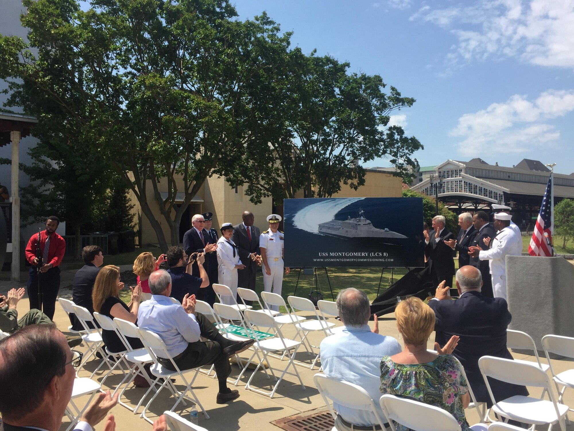 The City of Montgomery announced the commissioning of the USS Montgomery (LCS 8), an Independence-class littoral combat ship of the United States Navy to be named for the city, May 12, 2016. The ship was launched from Austal USA's shipyards in Mobile, Alabama in August 
2014, and recently completed its sea trials.  The ship will be commissioned in September 2016.
