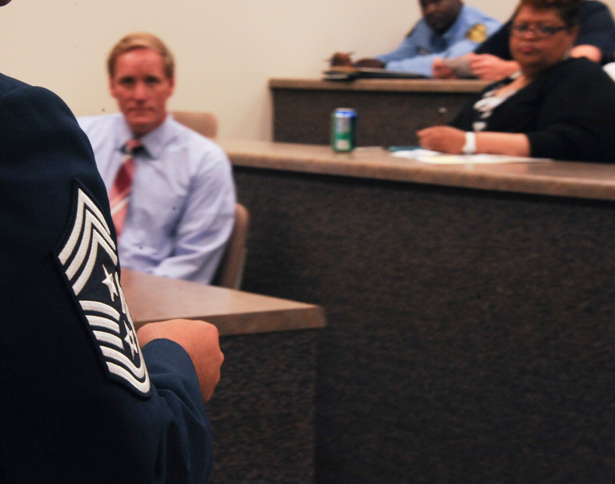 Chief Master Sgt. Timothy Horn, Air University command chief, educates community business leaders and young professionals about the importance of communication during the inaugural Alabama Leadership Conference hosted by Troy University’s Continuing Education program, May 12, 2016, Montgomery, Ala. Horn’s presentation elaborated on what makes a good vision statement and how to better communicate and connect with everyone in an organization. (U.S. Air Force photo by Airman 1st Class Alexa Culbert)