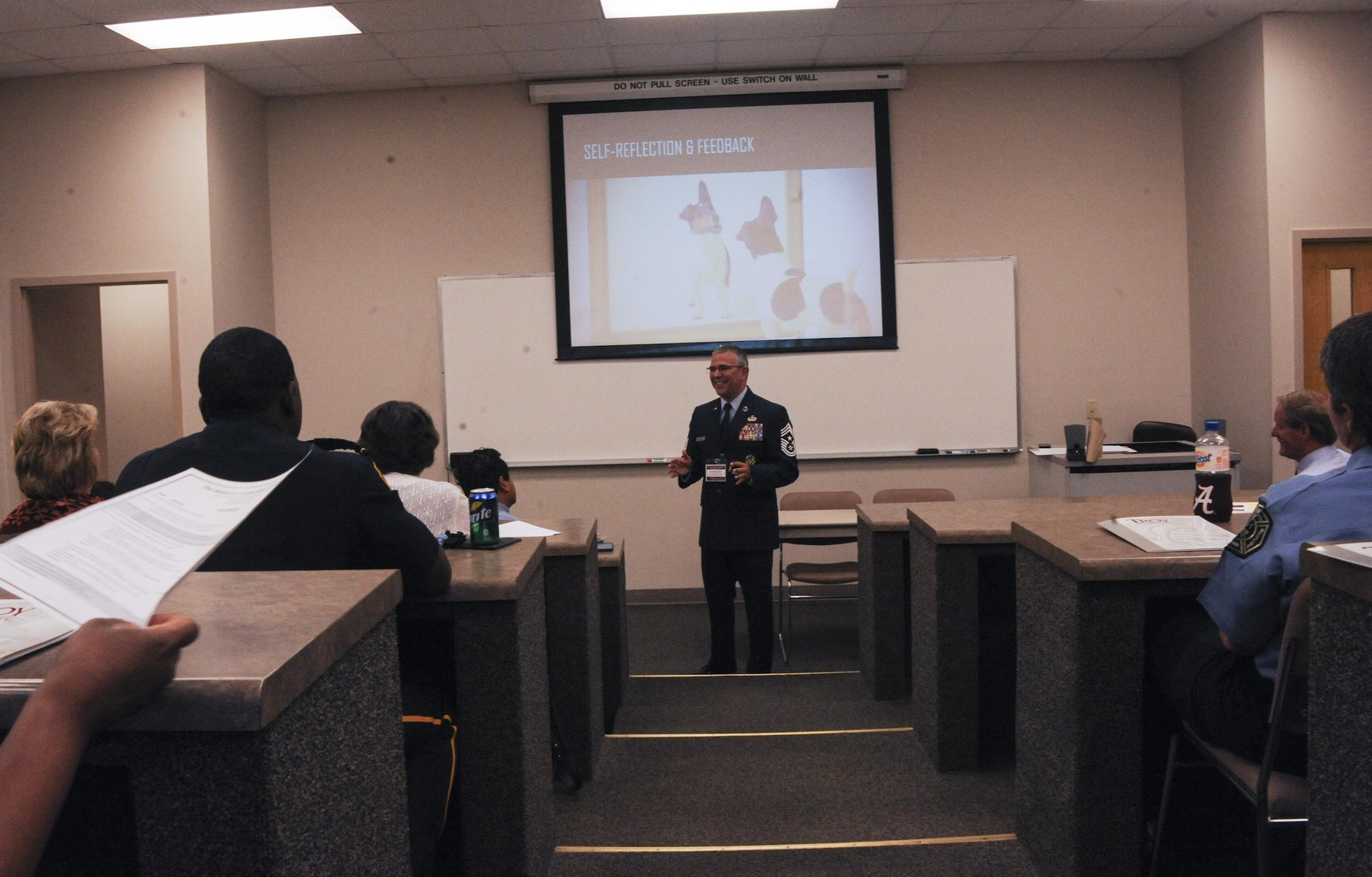 Chief Master Sgt. Timothy Horn, Air University command chief, educates community business leaders and young professionals about the importance of communication during the inaugural Alabama Leadership Conference hosted by Troy University’s Continuing Education program, May 12, 2016, Montgomery, Ala. Horn’s presentation elaborated on what makes a good vision statement and how to better communicate and connect with everyone in an organization. (U.S. Air Force photo by Airman 1st Class Alexa Culbert)