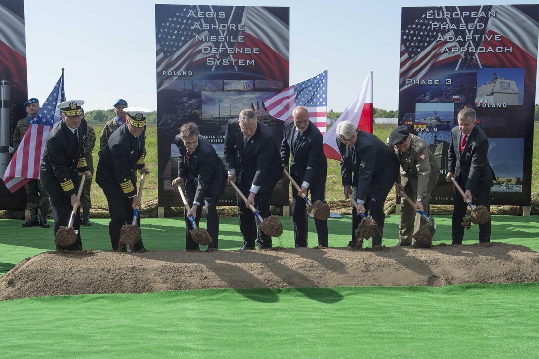 Deputy Defense Secretary Bob Work breaks ground with Polish and U.S. leaders at the Aegis Ashore ballistic missile defense site phase three groundbreaking ceremony in Redzikowo, Poland, May 13, 2016. DoD photo by Navy Petty Officer 1st Class Tim D. Godbee