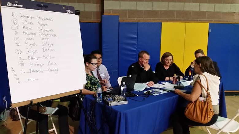 Los Angeles District commander, Col. Kirk Gibbs and his staff listen to community members comments for the record at the districts public meeting.  The City of Los Angeles and the U.S. Army Corps of Engineers Los Angeles District hosted a public meeting in the Balboa Sports Center, in Encino, Calif., May 10. The meeting provided additional information on the proposed AngelFest event, a three-day music and arts festival in Sepulveda Basin, and allowed the public to submit written comments and allowed the district commander to actively listen to anyone wishing to make an oral comment on the proposed action. 