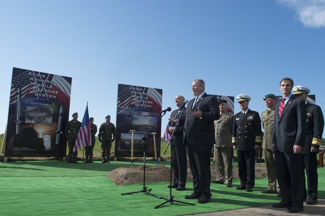 Deputy Defense Bob Work addresses reporters during the Aegis Ashore ballistic missile defense site phase three groundbreaking ceremony in Redzikowo, Poland, May 13, 2016. DoD photo by Navy Petty Officer 1st Class Tim D. Godbee
