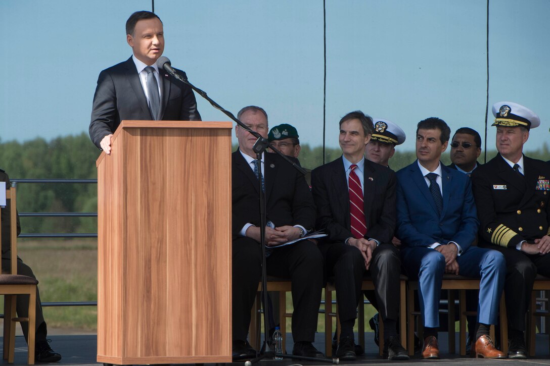 Polish President Andrzej Duda delivers remarks during the Aegis Ashore ballistic missile defense site phase three groundbreaking ceremony in Redzikowo, Poland, May 13, 2016. DoD photo by Navy Petty Officer 1st Class Tim D. Godbee