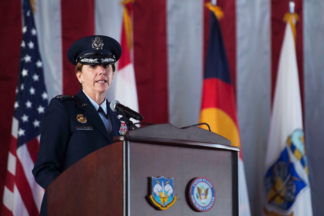 Air Force Gen. Lori J. Robinson delivers remarks after assuming command of North American Aerospace Defense Command and U.S. Northern Command during a change-of-command ceremony at Peterson Air Force Base, Colo., May 13, 2016. Defense Secretary Ash Carter presided as Robinson took command of Northcom and NORAD from Navy Adm. Bill Gortney. DoD photo by Air Force Senior Master Sgt. Adrian Cadiz