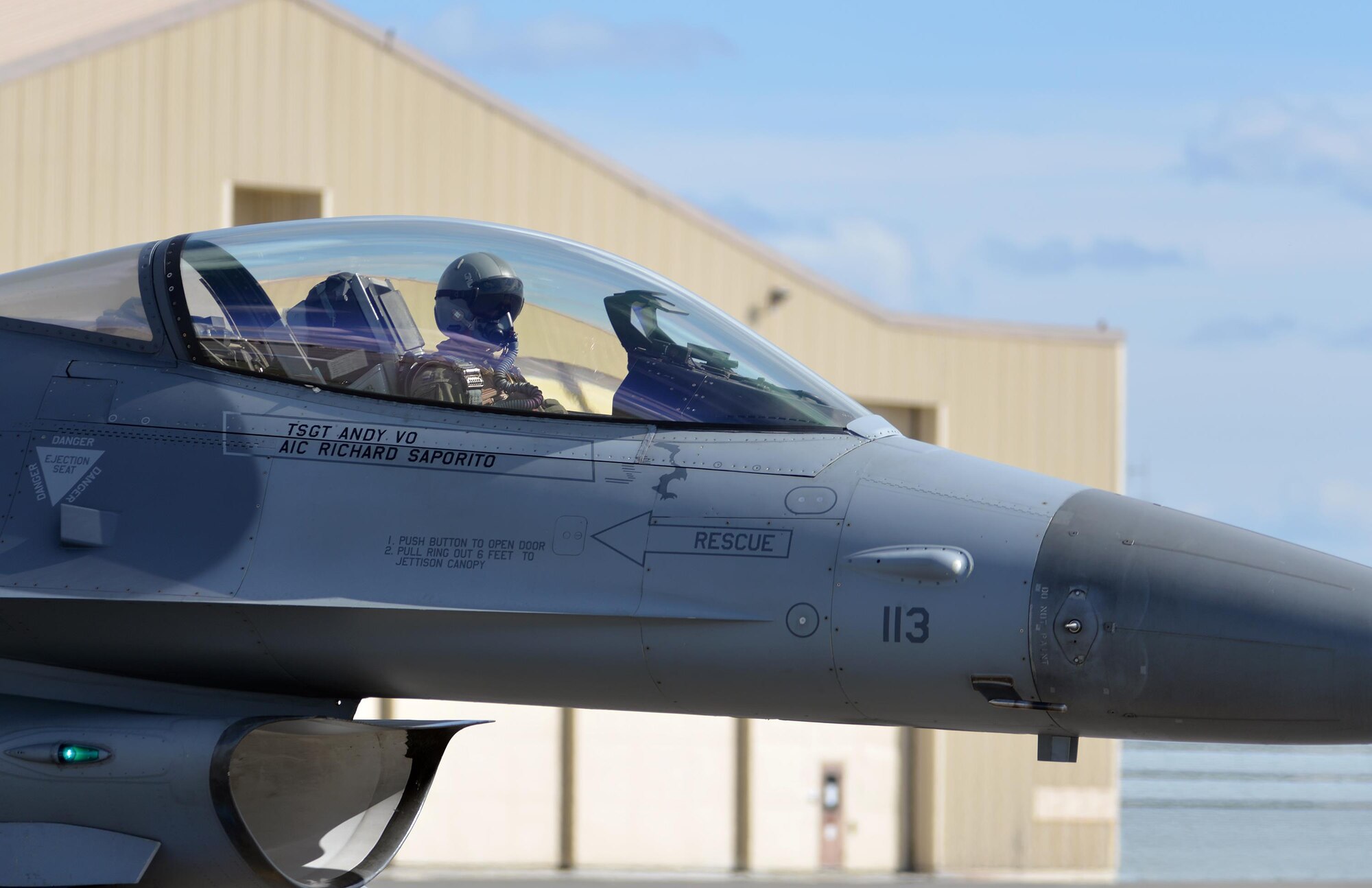 A U.S. Air Force F-16 Fighting Falcon pilot assigned to the 80th Fighter Squadron out of Kunsan Air Base, Republic of Korea, taxis down the Eielson Air Force Base, Alaska, flight line May 5, 2016, in preparation for a RED FLAG-Alaska (RF-A) 16-1 afternoon mission. RF-A is a series of Pacific Air Forces commander-directed field training exercises for U.S. and partner nation forces, enabling joint and international units to exchange tactics, techniques and procedures while improving interoperability in a realistic threat environment inside 67,000 square miles of expansive co-located air and land ranges known as the Joint Pacific Alaska Range Complex. (U.S. Air Force photo by Master Sgt. Karen J. Tomasik/Released)