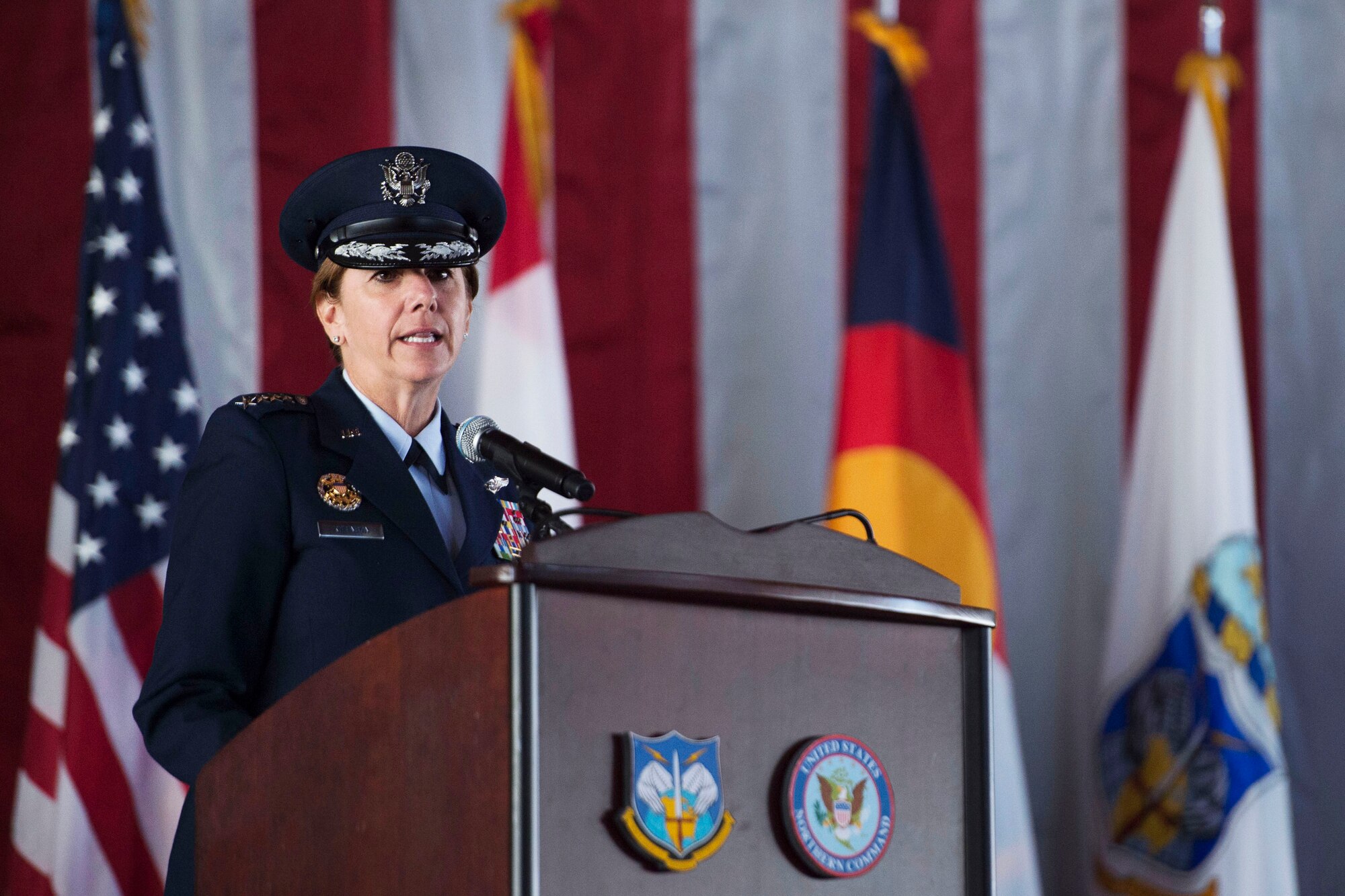 Air Force Gen. Lori J. Robinson delivers remarks after assuming command of North American Aerospace Defense Command and U.S. Northern Command during a change-of-command ceremony at Peterson Air Force Base, Colo., May 13, 2016. Defense Secretary Ash Carter presided as Robinson took command of Northcom and NORAD from Navy Adm. Bill Gortney. DoD photo by Air Force Senior Master Sgt. Adrian Cadiz