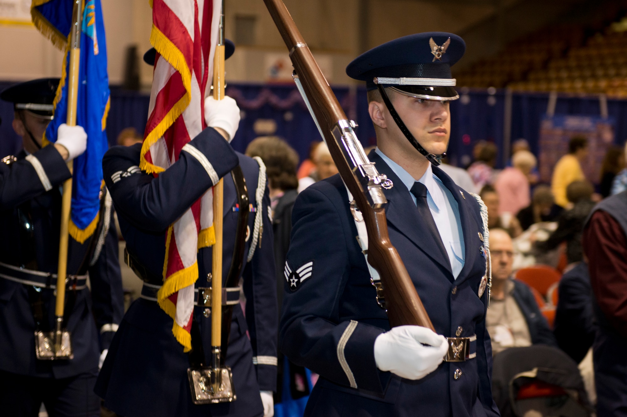 Team Minot Airmen volunteers supported the Senior Coalition’s Salute to Seniors event in Minot, N.D., May 10, 2016.  The event honored local veterans and included skits, music performances and speakers such as Col. Kieran Denehan, 5th Operations Group commander, who spoke about the base’s mission. (U.S. Air Force photo/Airman 1st Class J.T. Armstrong)