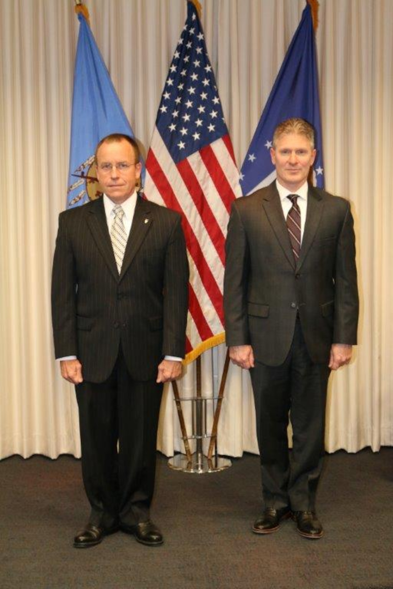 Mr. Jeffrey Allen (left) executive director of Air Force Sustainment Center and Mr. Elwood Lewis director of Financial Management for the Air Force Sustainment Center. (Air Force photo)