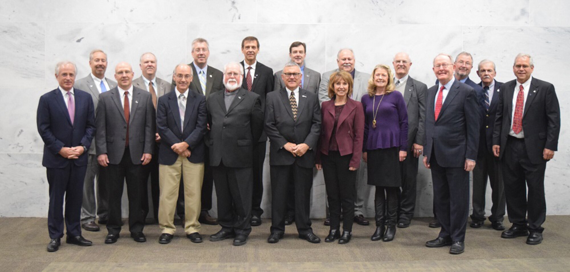 Pictured here April 12 is the Arnold Community Council group with Tennessee Senators Lamar Alexander and Bob Corker during a break at Tennessee Tuesday, a weekly event held by the senators and their staff members. The ACC team also met with the Senators in private meetings later in the day during their Washington, D.C. Trip. (Courtesy photo/Arnold Community Council)