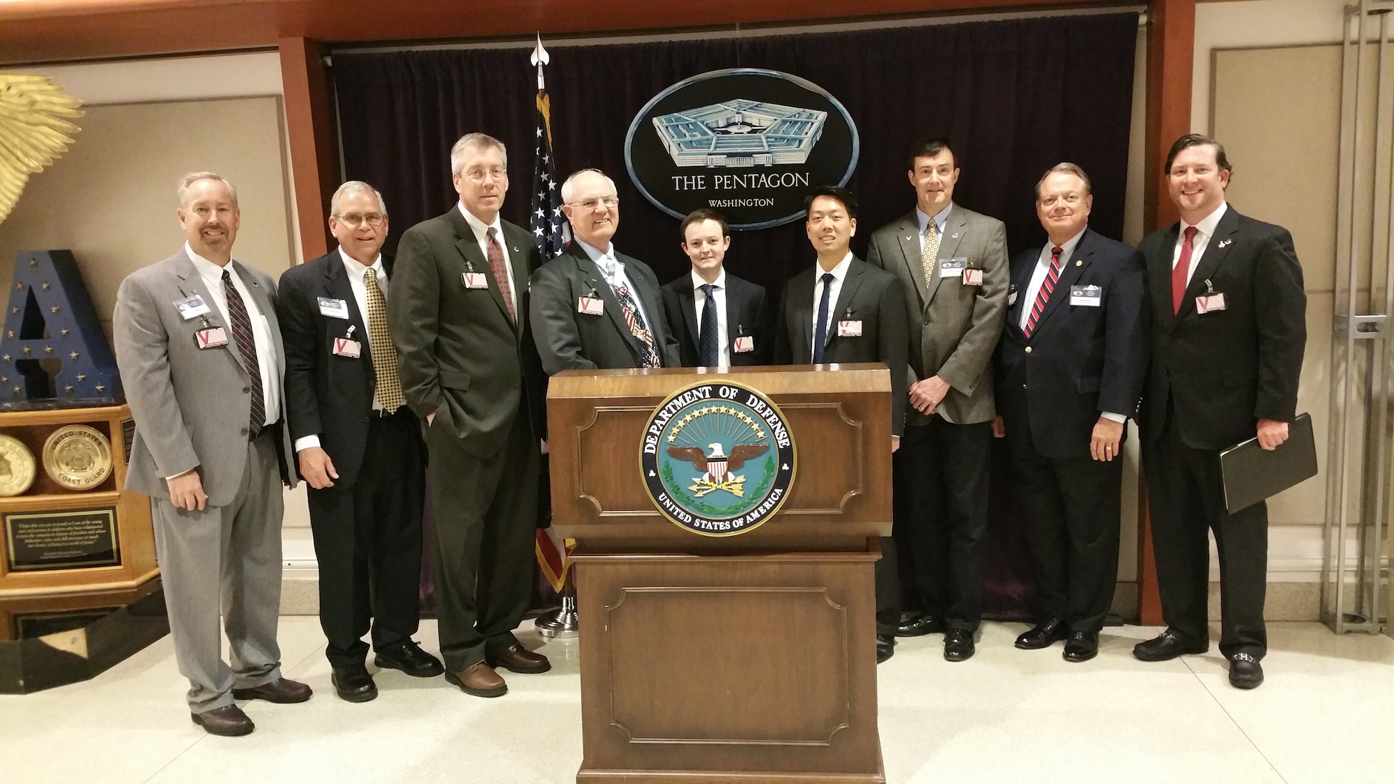 A group of Arnold Community Council members met with officials at the Pentagon on the first day of the ACC trip April 11. From left: ACC Vice President Brian Skelton; ACC Legislative Affairs Chairperson Mike Niederhauser; ATA Deputy General Manager Jeff Haars, ACC President for the trip Mike Wiedemer; Ace Burch, staffer for Congressman Diane Black, - 6th District, Tenn.; Craig Shimizu, staffer for Congressman Tulsi Gabbard, - 2nd District, Hawaii; ATA’s Integrated Test and Evaluation Director Dr. Rob McAmis, U.S. Air Force Chief of Staff Civic Leader Walt Wood, and ACC Past President Ben Craig. (Courtesy photo/Arnold Community Council)