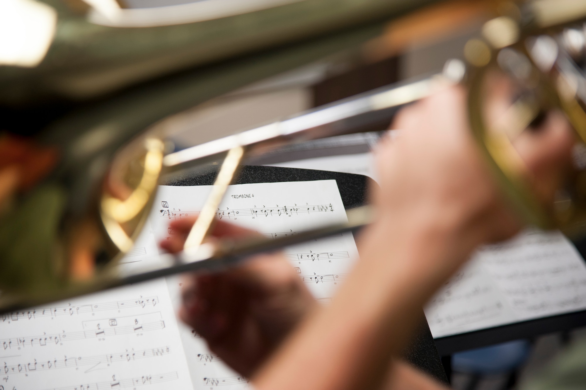 Trombone players from the Lamar University Jazz Band, perform some new techniques learned during an Advancing Innovation through Music Outreach at Lamar University, Beaumont, Texas, April 25, with members of the Airmen of Note, the Air Force’s premiere jazz ensemble. (U.S. Air Force photo by Tech. Sgt. James Bolinger)