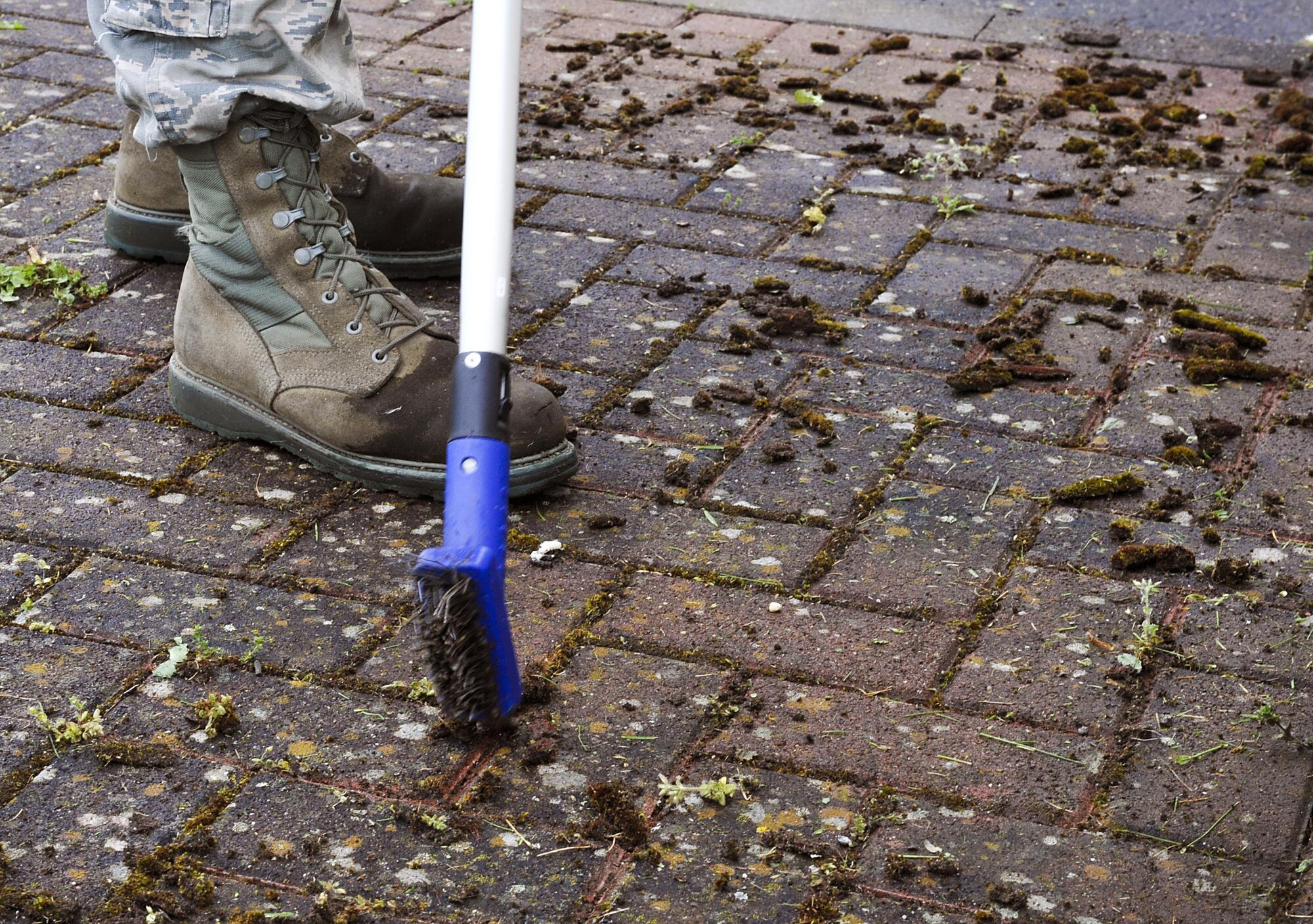 Airman 1st Class Daniel Maves, 1st Combat Communications electrical power production journeyman, scrapes moss from sidewalk tiles during a base pride day May 10, 2016, at Ramstein Air Base, Germany. Airmen clean their work areas by pulling weeds and raking in spring and fall to ensure Ramstein stays neat and professional. (U.S. Air Force photo/Senior Airman Larissa Greatwood)