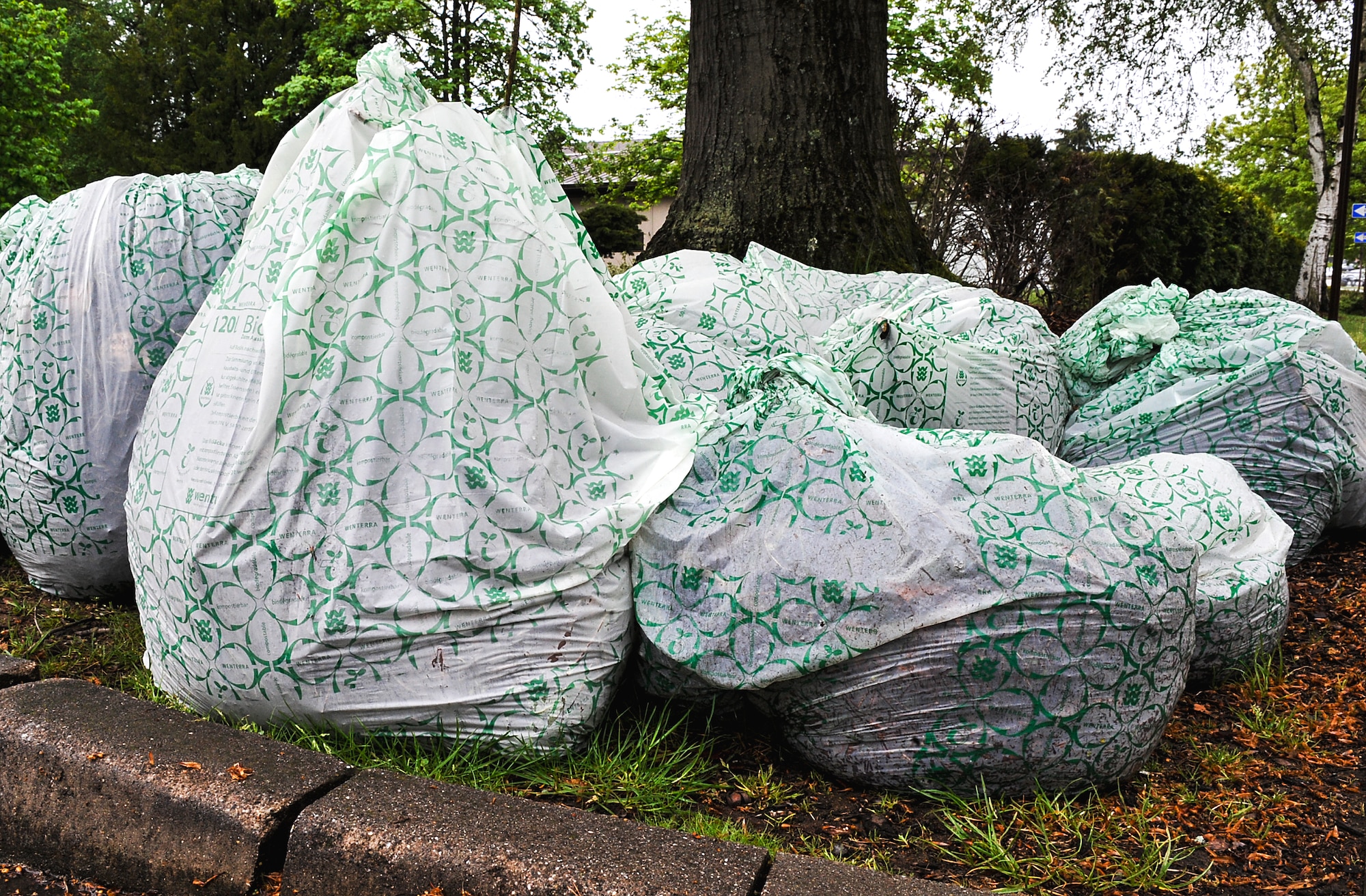 Recycling bags of decomposable material sit on the curb after a base pride day May 10, 2016, at Ramstein Air Base, Germany. Base pride day is a biannual event where Airmen clean their working areas and surrounding buildings to ensure Ramstein stays clean. (U.S. Air Force photo/Senior Airman Larissa Greatwood)