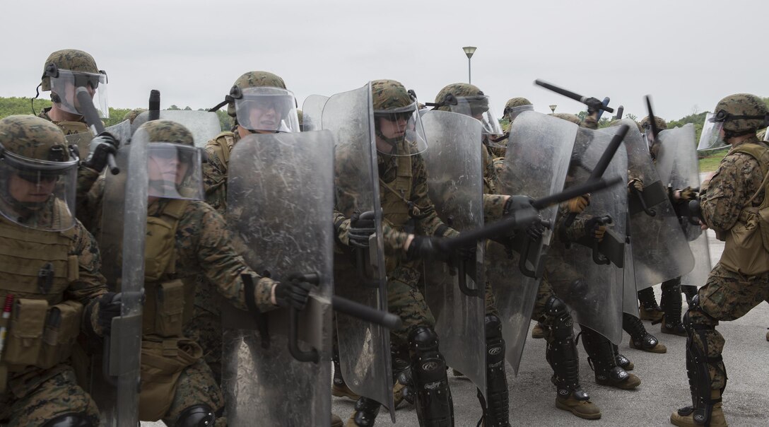 Reserve Marines with 4th Law Enforcement Battalion, Force Headquarters Group, Marine Forces Reserve, practice striking while taking a class on crowd control during exercise Platinum Wolf 2016 at Peacekeeping Training Operations Center South Base in Bujanovac, Serbia, May 12, 2016. Platinum Wolf brings together service members from Bosnia, Bulgaria, Macedonia, Montenegro, Serbia, Slovenia, and the United States to train in peacekeeping operations and non-lethal weapons capabilities. (U.S. Marine Corps photo by Sgt. Sara Graham)