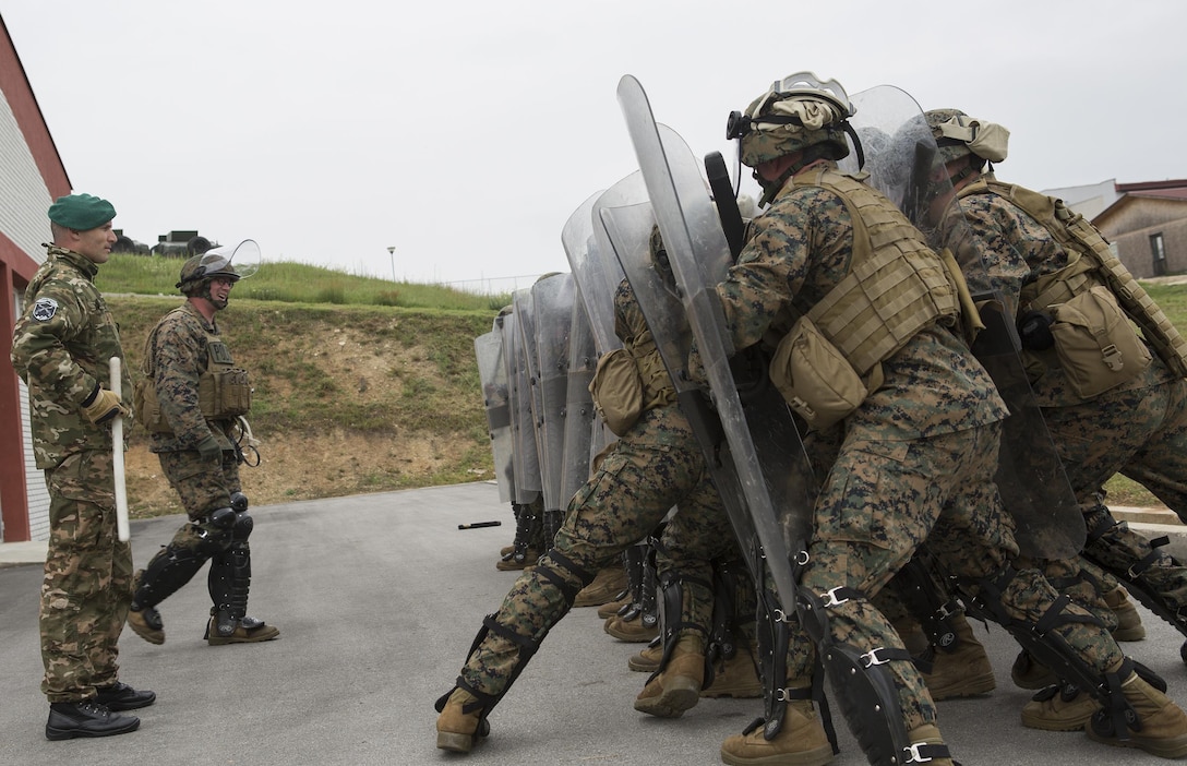 Reserve Marines with 4th Law Enforcement Battalion, Force Headquarters Group, Marine Forces Reserve, hold the line while simulating a riot, while training in a class on crowd control given by Slovenian and Serbian service members, during exercise Platinum Wolf 2016 at Peacekeeping Training Operations Center South Base in Bujanovac, Serbia, May 12, 2016. Platinum Wolf brings together service members from Bosnia, Bulgaria, Macedonia, Montenegro, Serbia, Slovenia, and the United States, it aims to build interoperability between the partnering nations and promote regional stability. (U.S. Marine Corps photo by Sgt. Sara Graham)