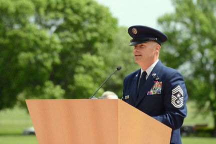 U.S. Air Force Chief Master Sgt. Patrick F. McMahon, U.S. Strategic Command (USSTRATCOM) senior enlisted leader, speaks during a Change of Responsibility Ceremony at Offutt Air Force Base, Neb., May 13, 2016. During the ceremony, U.S. Army Command Sgt. Maj. Patrick Z. Alston, former USSTRATCOM senior enlisted leader, relinquished his duties to U.S. Navy Adm. Cecil D. Haney, USSTRATCOM commander, who then officially appointed McMahon to USSTRATCOMâ€™s highest enlisted position. In this capacity, he is the senior enlisted advisor to the Commander, USSTRATCOM, and is responsible for the health and welfare of the USSTRATCOM enlisted forces in order to meet decisive national security objectives. One of nine DoD unified combatant commands, USSTRATCOM has global strategic missions, assigned through the Unified Command Plan, which include strategic deterrence; space operations; cyberspace operations; joint electronic warfare; global strike; missile defense; intelligence, surveillance and reconnaissance; combating weapons of mass destruction; and analysis and targeting. (USSTRATCOM photo by U.S. Air Force Staff Sgt. Jonathan Lovelady)