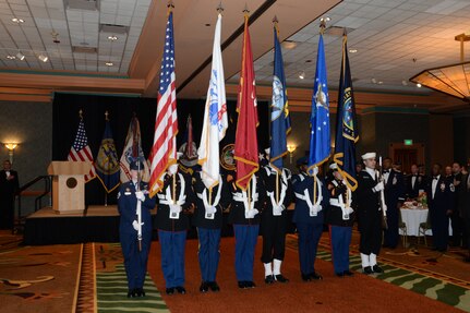 The U.S. Strategic Command Joint Color Guard presents the colors during the 2015 U.S. Strategic Command (USSTRATCOM) Annual Awards ceremony, Omaha, Neb., May 13, 2016. More than 80 nominees, military members and civilians, from USSTRATCOM's headquarters, functional components and task forces attended the ceremony after being recognized within their respective units for outstanding support to the command's global strategic missions. One of nine DoD unified combatant commands, USSTRATCOM has global strategic missions, assigned through the Unified Command Plan, which include strategic deterrence; space operations; cyberspace operations; joint electronic warfare; global strike; missile defense; intelligence, surveillance and reconnaissance; combating weapons of mass destruction; and analysis and targeting. (USSTRATCOM photo by Steve Cunningham)