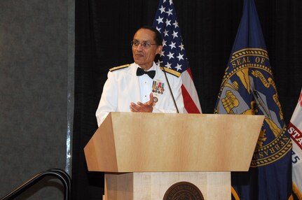 U.S. Navy Adm. Cecil D. Haney, U.S. Strategic Command (USSTRATCOM) commander, applauds the nominees during his keynote speech at the 2015 USSTRATCOM Annual Awards ceremony, Omaha, Neb., May 13, 2016. More than 80 nominees, military members and civilians, from USSTRATCOM's headquarters, functional components and task forces attended the ceremony after being recognized within their respective units for outstanding support to the command's global strategic missions. One of nine DoD unified combatant commands, USSTRATCOM has global strategic missions, assigned through the Unified Command Plan, which include strategic deterrence; space operations; cyberspace operations; joint electronic warfare; global strike; missile defense; intelligence, surveillance and reconnaissance; combating weapons of mass destruction; and analysis and targeting. (USSTRATCOM photo by Steve Cunningham)
