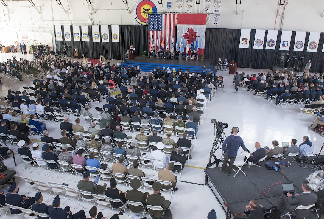 Navy Adm. Bill Gortney delivers remarks during a change-of-command ceremony for the North American Aerospace Defense Command and U.S. Northern Command at Peterson Air Force Base, Colo., May 13, 2016. Gortney relinquished command of NORAD and Northcom to Air Force Gen. Lori J. Robinson during the ceremony. DoD photo by Navy Petty Officer 2nd Class Dominique A. Pineiro
