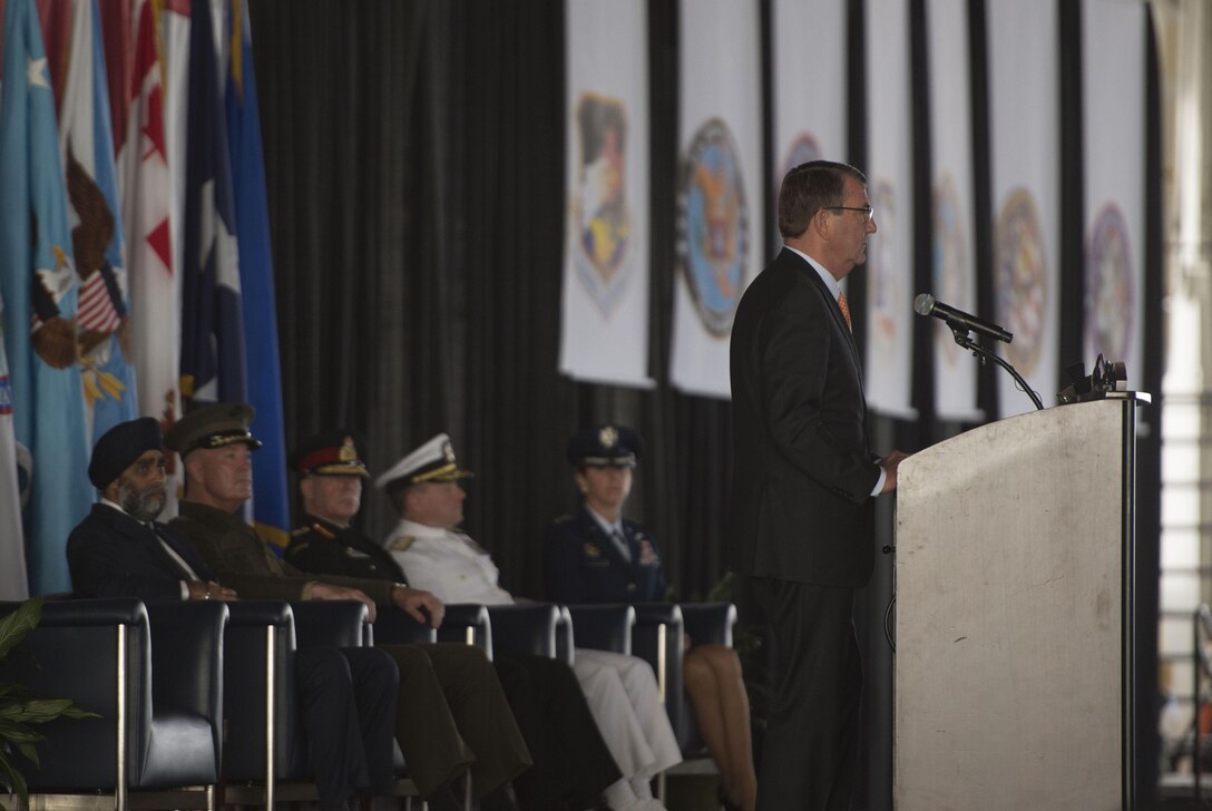 Defense Secretary Ash Carter delivers remarks during the change-of-command ceremony for the North American Aerospace Defense Command and U.S. Northern Command at Peterson Air Force Base, Colo., May 13, 2016. DoD photo by Air Force Senior Master Sgt. Adrian Cadiz