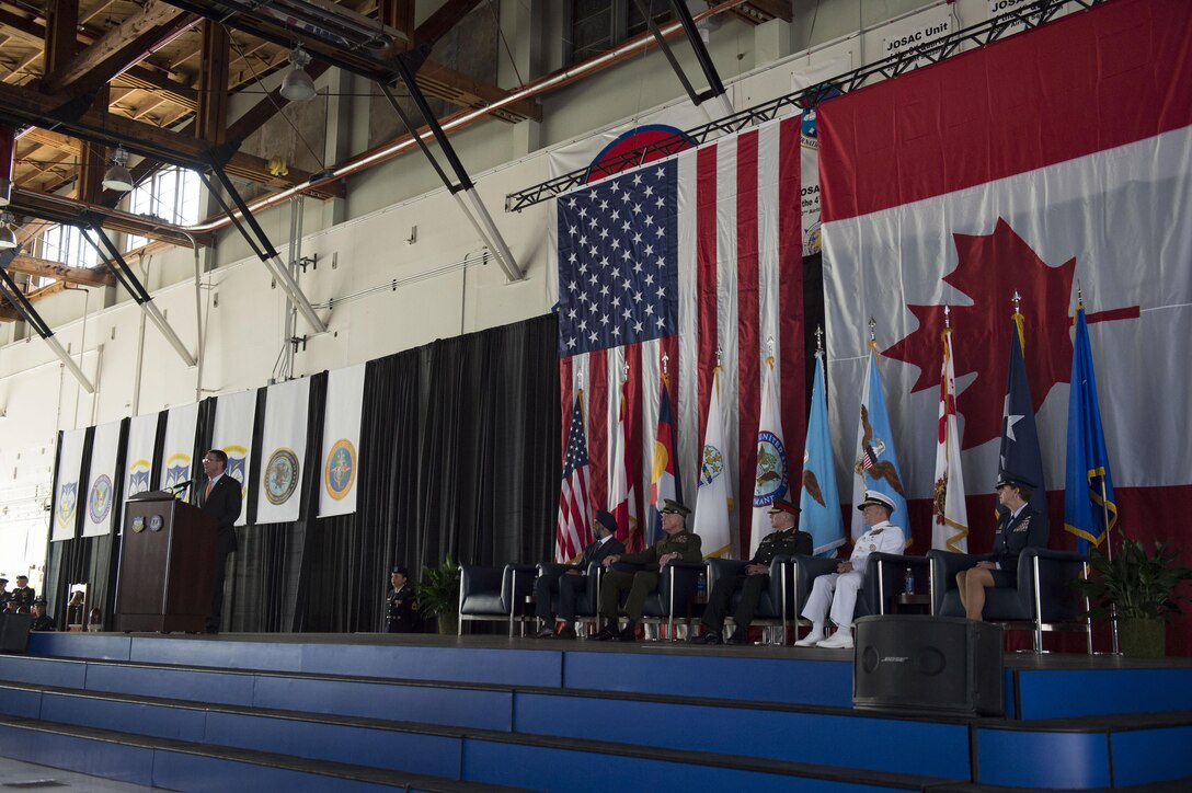 Defense Secretary Ash Carter delivers remarks during the change-of-command ceremony for the North American Aerospace Defense Command and U.S. Northern Command at Peterson Air Force Base, Colo., May 13, 2016. DoD photo by Air Force Senior Master Sgt. Adrian Cadiz