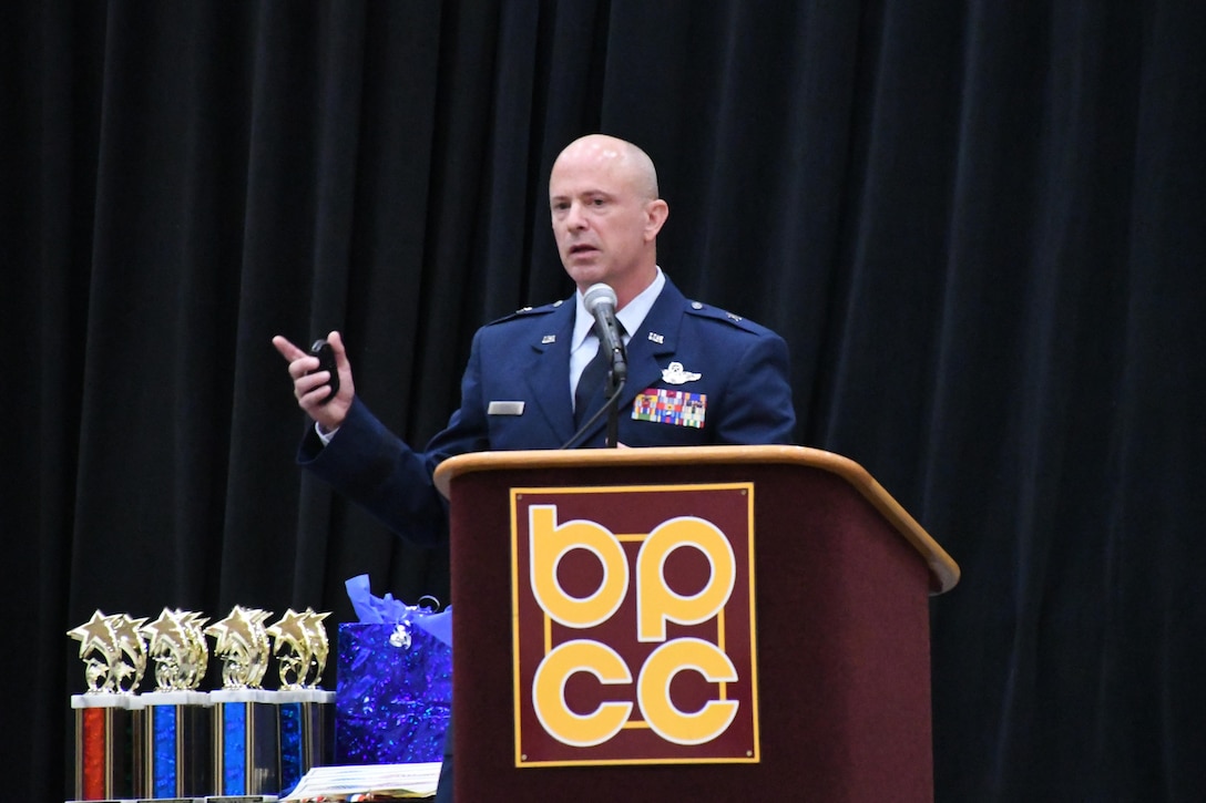 Guest speaker U.S. Air Force Brig. Gen. Jon Ellis, the mobilization assistant to the Director of Operations, Headquarters Air Force Global Strike Command, addresses the crowd at the STARBASE 2.0 End of Year Celebration and Awards Ceremony at Bossier Parish Community College in Bossier City, La., May 9, 2016. More than 130 students from three local area middle schools were awarded participation and project awards in front of their families. (U.S. Air Force photo by Master Sgt. Dachelle Melville/Released)
