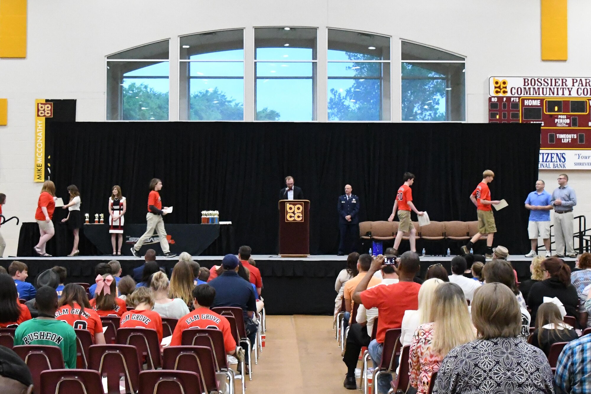 Students from Elm Grove Middle School receive participation certificates during the STARBASE 2.0 End of Year Celebration and Awards Ceremony held at Bossier Parish Community College in Bossier City, La., May 9, 2016. Students from three local middle schools were awarded with participation certificates and project awards for the after school program that promotes continued education in science, technology, engineering and math. (U.S. Air Force photo by Master Sgt. Dachelle Melville/Released)
