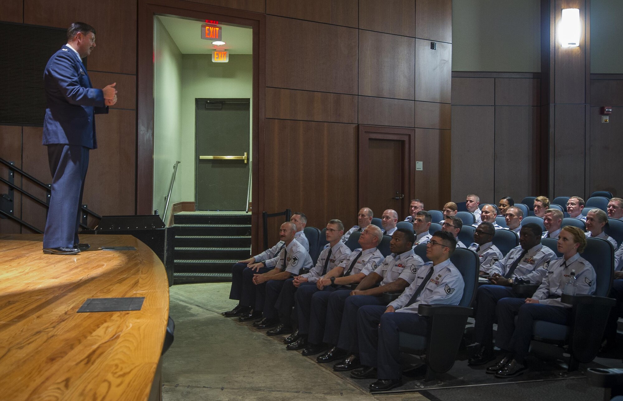 Col. Gregory S. Gilmour, commander of the 315th Airlift Wing, addresses graduates who are receiving their degrees from the Community College of the Air Force prior to their graduation ceremony at Joint Base Charleston, S.C. Sunday, May 15, 2016.  (U.S. Air Force photo by Staff Sgt. Bobby Pilch)