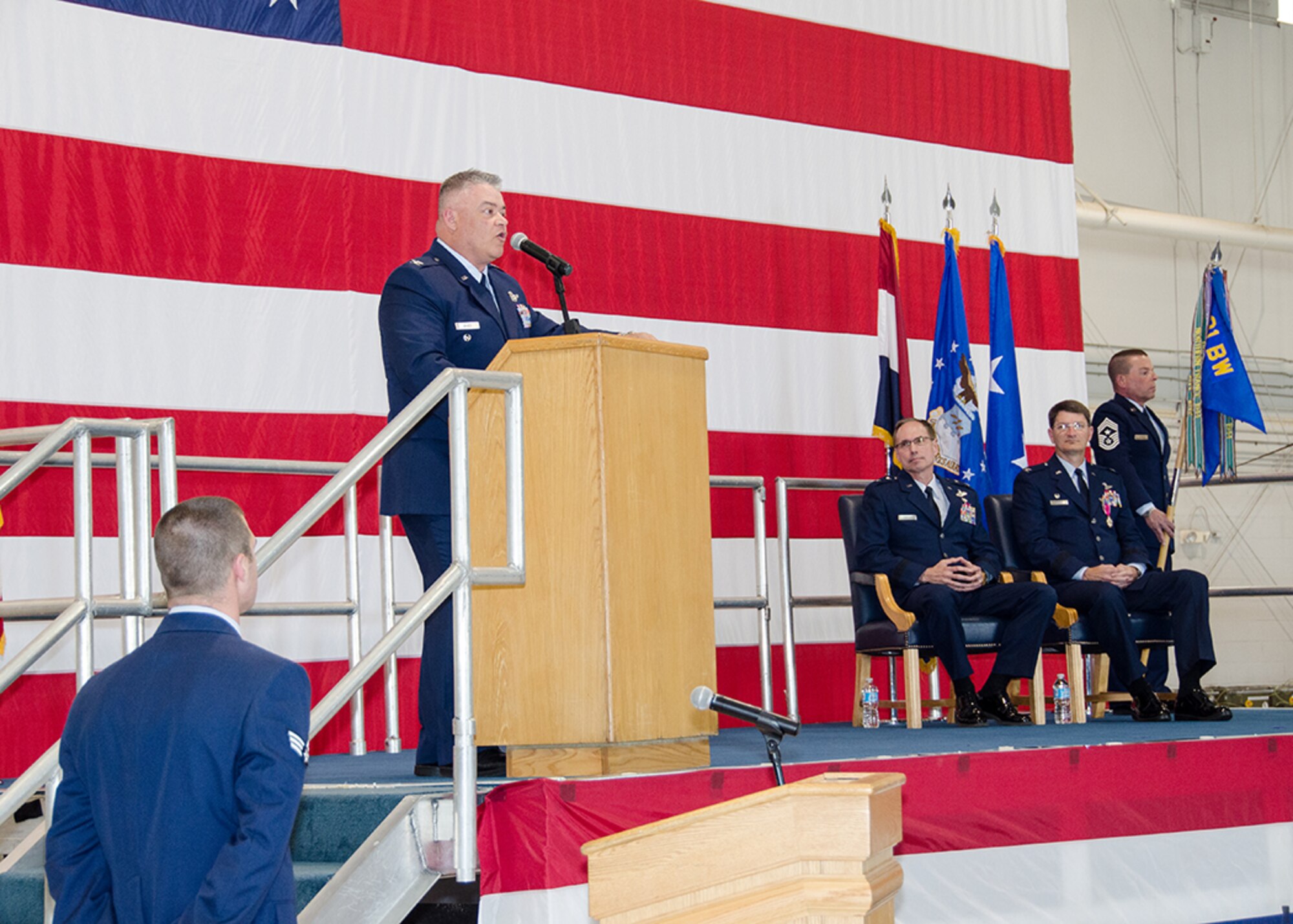 Col. Ken “Willie B” Eaves, 131st Bomb Wing commander, addresses the Airmen of the 131st Bomb Wing as their new wing commander. Eaves is now responsible for the Air National Guard’s only B-2 unit, which provides nearly 1,100 combat-ready Citizen-Airmen for both state and federal missions. (U.S. Air National Guard photo by Airman 1st Class Halley Burgess)

