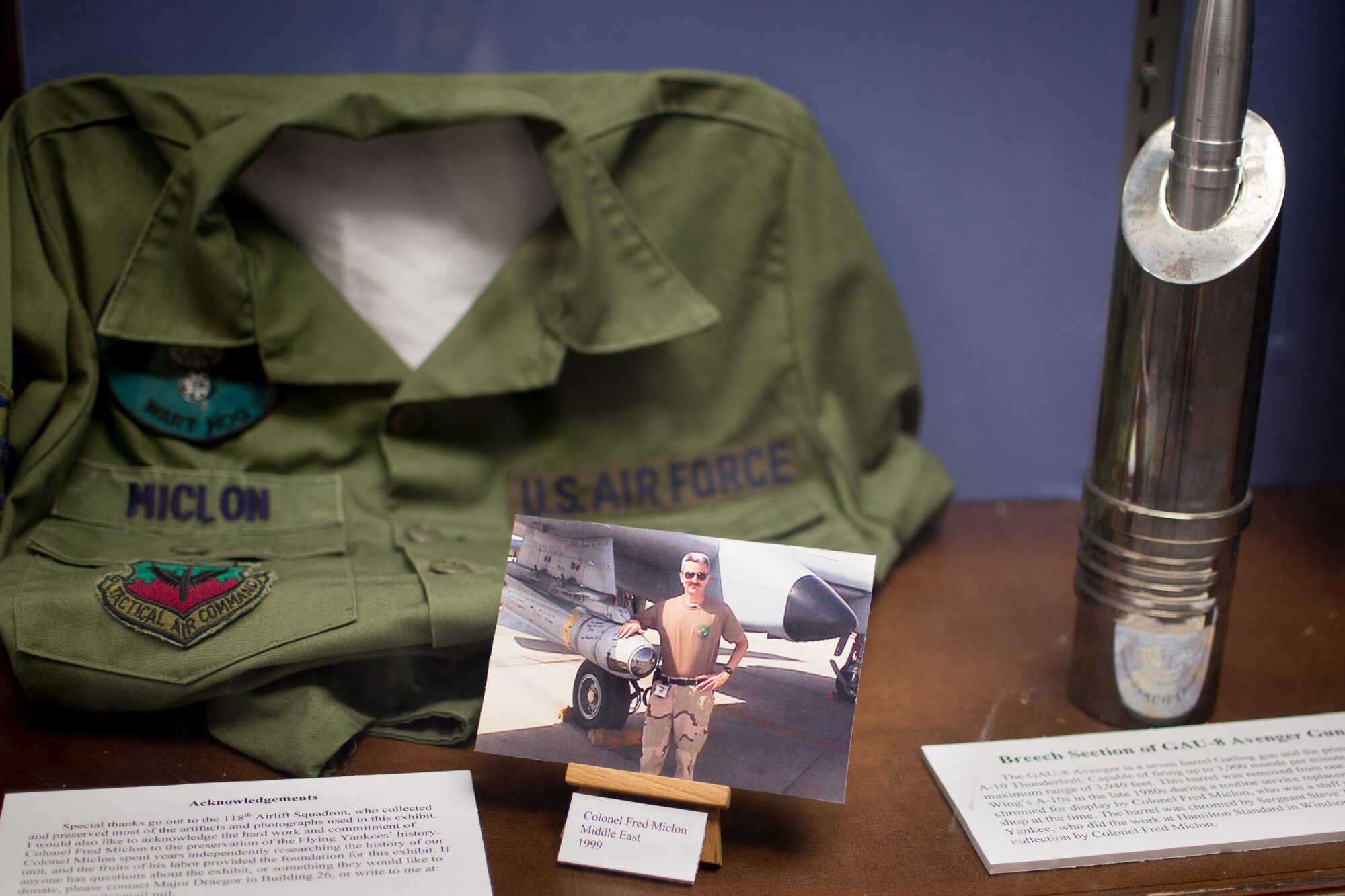 The Connecticut Air National Guard’s Flying Yankees are well into their 93rd year and the 103rd Heritage Collection located in the unit’s operations building has acquired an extensive compilation of photographs and artifacts. Recently, Maj. D. Elliotte Draegor, historian and director of inspections, assembled a display in the wing’s headquarters building outside of the dining facility. The display is comprised of various artifacts and stories she has come across in her research and it certainly catches your eye, telling the story of Gen. George P. Kane, the first person to enlist in the 118th Observation Squadron.
 (U.S. Air National Guard Photo by Airman 1st Class Sadie Hewes)