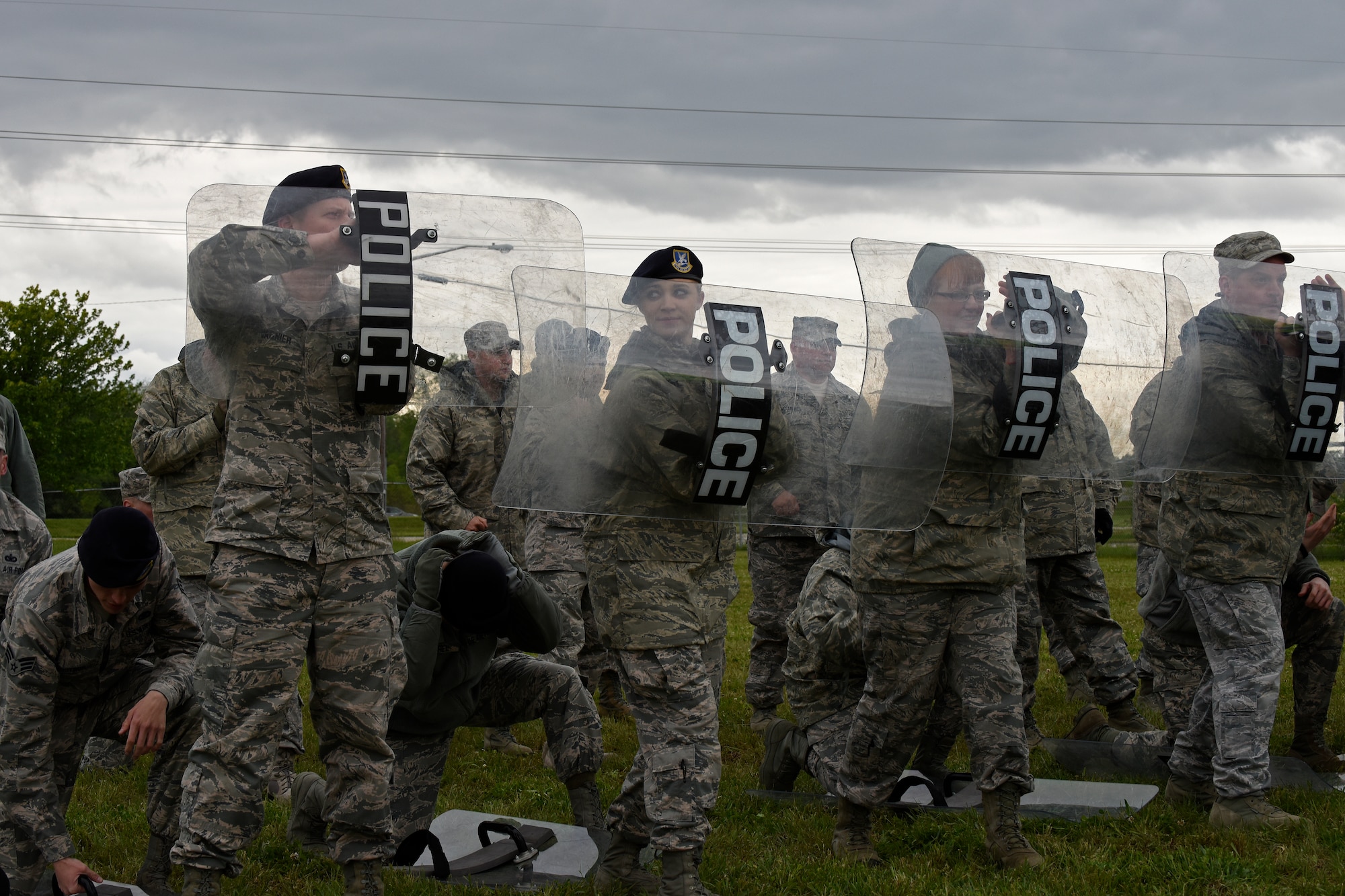 Airmen of the 121st Security Forces Squadron participated in domestic disorder response training on May 14, 2016, Rickenbacker Air National Guard Base, Ohio. The Columbus Division of Police facilitated the training and covered topics such as crowd control management and domestic response. (U.S. Air National Guard photo by Senior Airman Wendy Kuhn/Released)