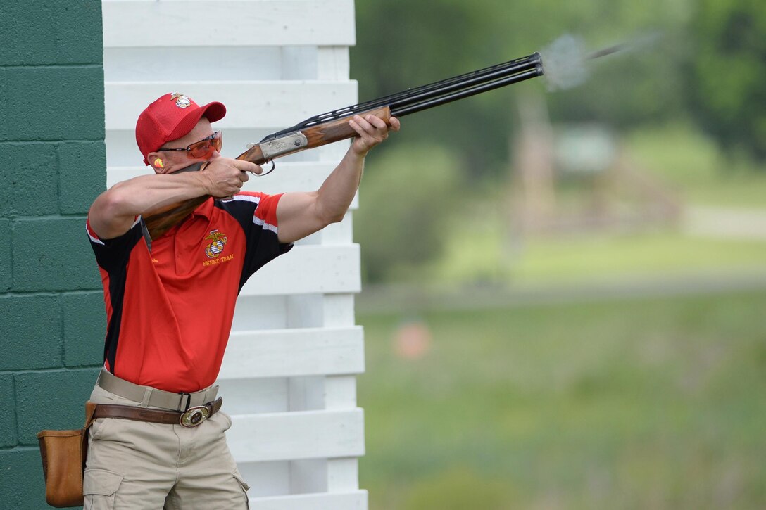 Marine Corps Chief Warrant Officer 4 Scott Danjou shoots during the 2016 Armed Services Skeet Championships outside Nashville, Tenn., May 10, 2016. Danjou is a member of the Marine Corps' skeet team. DoD photo by Marvin D. Lynchard