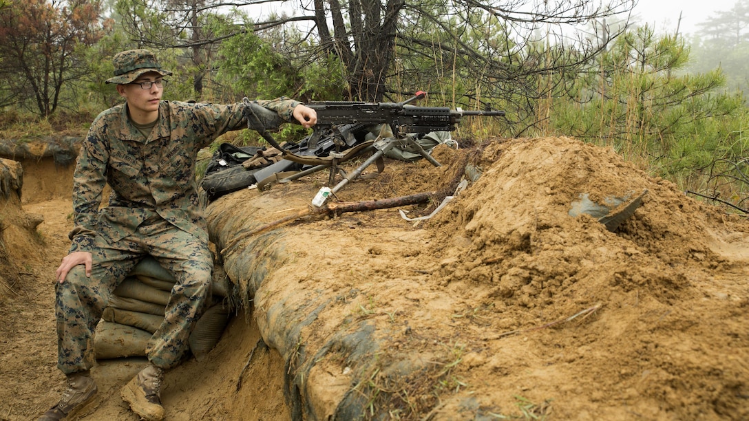 Lance Cpl. Matthew Betkoski, a refrigeration and air conditioning technician with Marine Wing Support Squadron 171, mans a M240 bravo light-machine during exercise Thunder Horse 16.2 at the Japan Ground Self-Defense Force’s Haramura Maneuver Area in Hiroshima, Japan, May 10, 2016. The squadron conducts exercises such as this several times a year in order to train all the Marines within the squadron, enhance their technical skills, field experience and military occupational specialty capability. 
