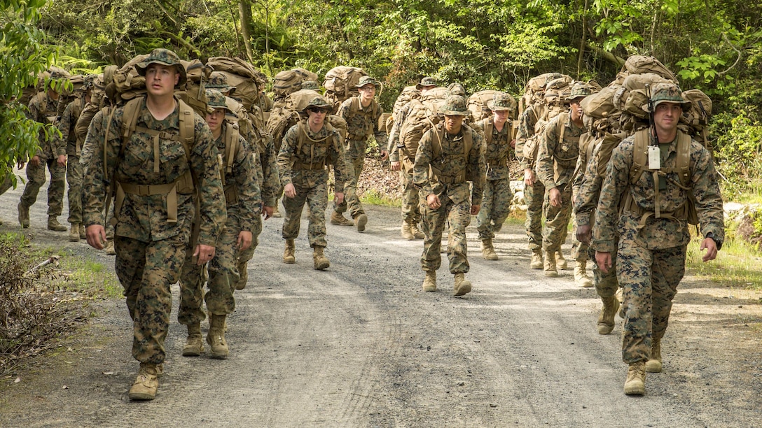 Marines with Marine Wing Support Squadron 171 participate in a hike during exercise Thunder Horse 16.2 at the Japan Ground Self-Defense Force’s Haramura Maneuver Area in Hiroshima, Japan, May 12, 2016. The week-long exercise focused on reinforcing skills that Marines learned throughout their military occupational specialty schooling and during Marine Combat Training in order to maintain situational readiness. Motor transportation operators, bulk fuels specialists, and field radio operators trained in various areas including direct refueling, recovery and general engineering operations and established a tactical motor pool. 