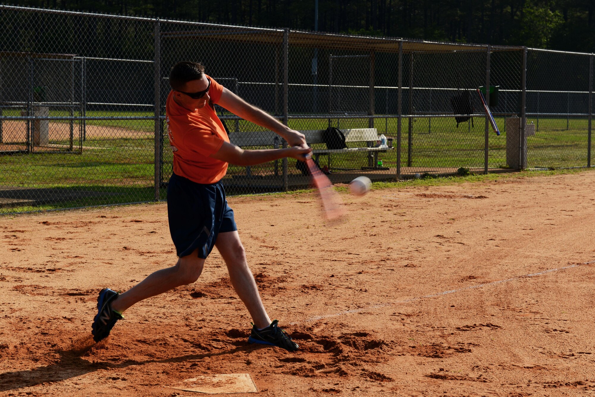 A U.S. Airman from the 20th Logistics Readiness Squadron hits a softball during the 20th Mission Support Group Wingman Resiliency Day at Shaw Air Force Base, S.C., May 12, 2016. During the resiliency day, six squadrons participated in competitive events to boost resiliency and morale. (U.S. Air Force photo by Airman 1st Class Destinee Dougherty)
