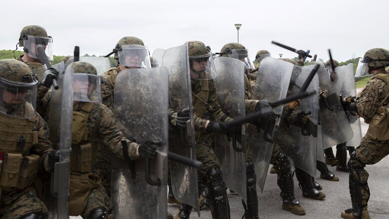 Reserve Marines with 4th Law Enforcement Battalion, Force Headquarters Group, Marine Forces Reserve, practice striking while taking a class on crowd control during exercise Platinum Wolf 2016 at Peacekeeping Training Operations Center South Base in Bujanovac, Serbia, May 12, 2016. Platinum Wolf brings together service members from Bosnia, Bulgaria, Macedonia, Montenegro, Serbia, Slovenia, and the United States to train in peacekeeping operations and non-lethal weapons capabilities. 