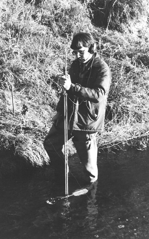 Mark Nelson takes stream measurements in Little Salt Creek (Lincoln, Neb) using a standard AA stream gauge meter while working for the State of Nebraska in 1980.