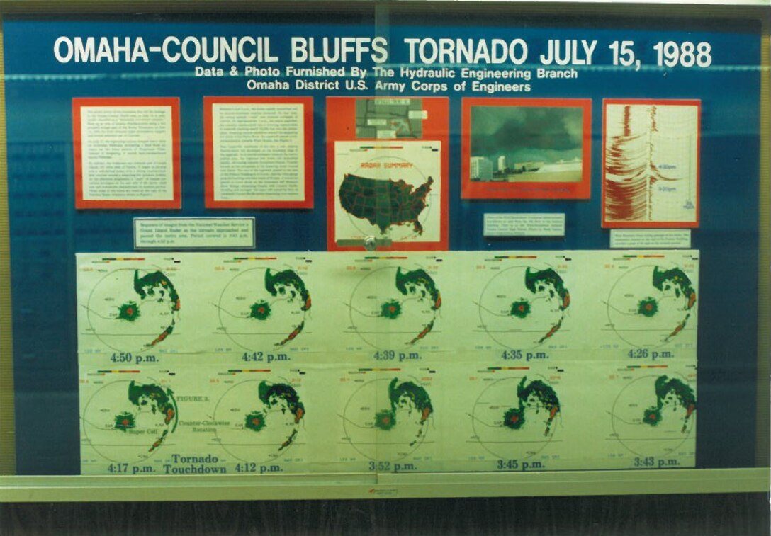 A special meteorological display detailing the July 1988 Omaha-Council Bluffs tornado was created by Mark Nelson and members of the Hydraulic Engineering Branch and placed in the lobby of the old Federal Building at 16th and Dodge Streets in Omaha.
