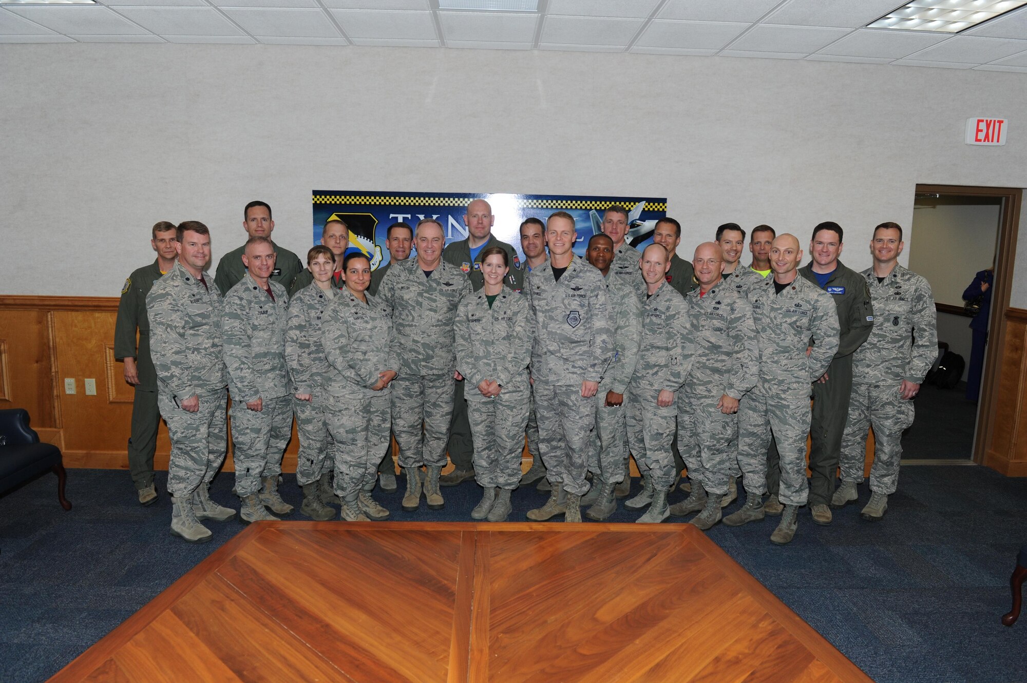 Air Force Chief of Staff Gen. Mark A. Welsh III poses for a photo with Tyndall leadership after a round table discussion May 6, 2016, at Tyndall AFB, Fla. Welsh met with Tyndall’s squadron commanders while visiting the base. (U.S. Air Force photo by Senior Airman Alex Fox Echols III/Released)