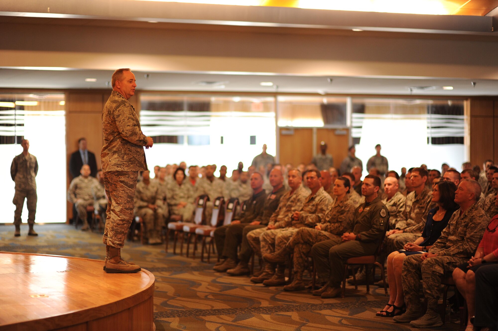 Air Force Chief of Staff Gen. Mark A. Welsh III speaks to Team Tyndall members during an all call May 6, 2016, at Horizons Community Center. Welsh addressed issues of manning and funding before taking questions from the audience.  (U.S. Air Force photo by Senior Airman Alex Fox Echols III/Released)