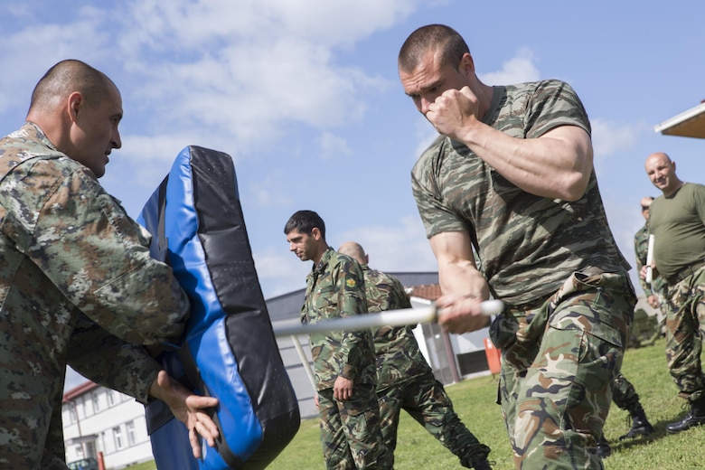 A Bulgarian soldier strikes a bag with his baton while training in a non-lethal weapons class during exercise Platinum Wolf 2016 at Peacekeeping Operations  Training Center South Base in Bujanovac, Serbia, May 13, 2016. Seven countries including Bosnia, Bulgaria, Macedonia, Montenegro, Slovenia, Serbia, and the United States joined together to conduct peacekeeping operations and non-lethal weapons training over the course of two weeks. (U.S. Marine Corps photo by Sgt. Sara Graham)