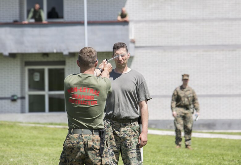 Sgt. Martin Belden, a non-lethal weapons instructor with 4th Law Enforcement Battalion, Force Headquarters Group, Marine Forces Reserve, sprays a Bosnian soldier with oleoresin capsicum, during a non-lethal weapons course at exercise Platinum Wolf 2016 aboard Peacekeeping Operations Training Center South Base in Bujanovac, Serbia, May 13, 2016. Seven countries including Bosnia, Bulgaria, Macedonia, Montenegro, Slovenia, Serbia, and the United States joined together to practice peacekeeping operations and improve their abilities to work together. (U.S. Marine Corps photo by Sgt. Sara Graham)