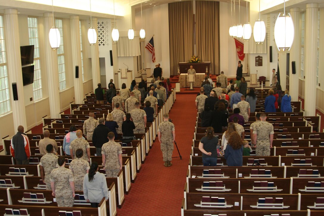 Participants/observers of the National Day of Prayer attend service conducted in the U.S. Marine Memorial Chapel on May 5. The commemoration of the day was conducted by the chaplain's office onboard Marine Corps Base Quantico and religious leaders from five congregations in the community were invited to offer prayers for the world, the nation, our leaders, the armed forces, and our schools and families.